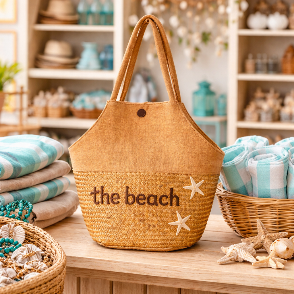 Handwoven Seagrass &amp; Cotton Canvas Beach Tote Bag – Natural Coastal Style , Handmade Gift